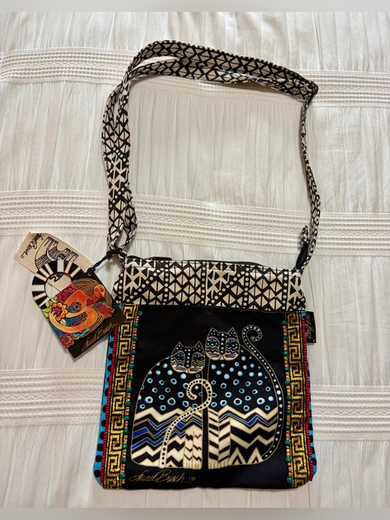 Handbags - Laurel Burch Beaded Multicolor Black Canvas Cat Print Crossbody Bag